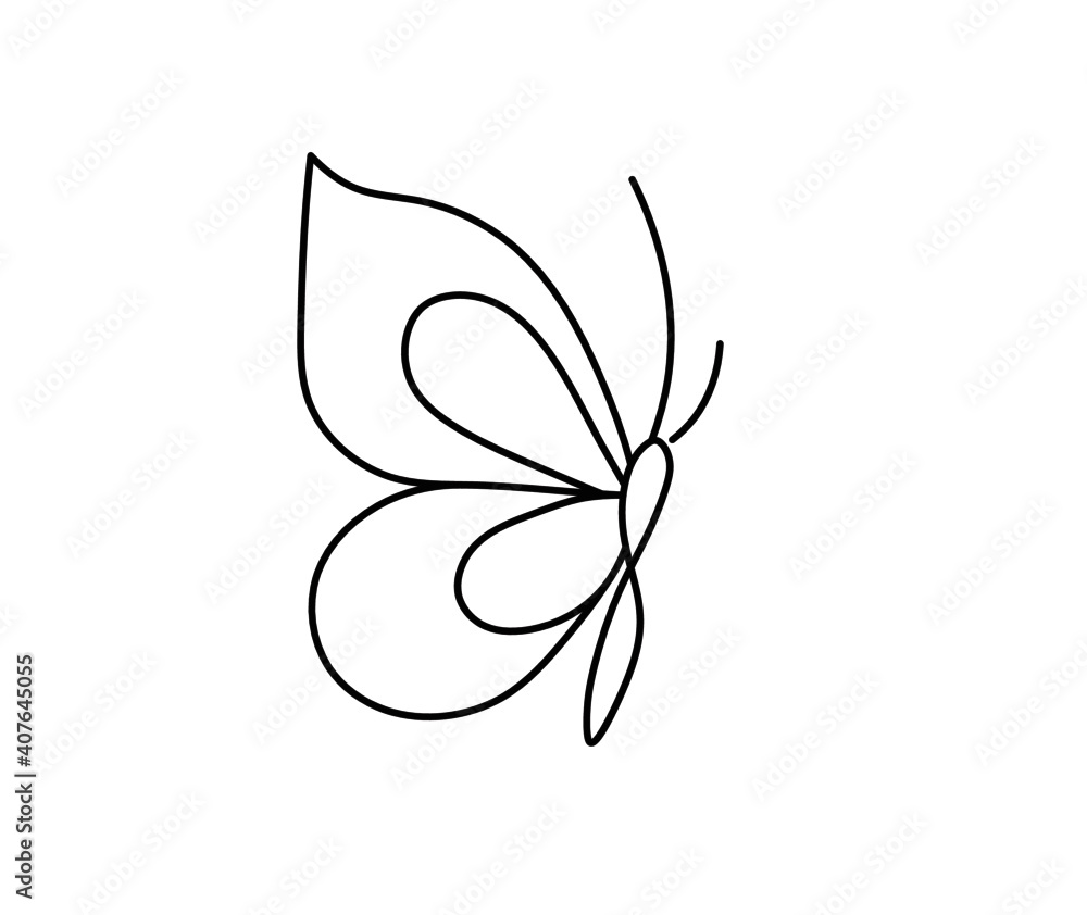 Wall mural vector isolated small little tiny simple butterfly drawing. colorless contour single line butterfly 