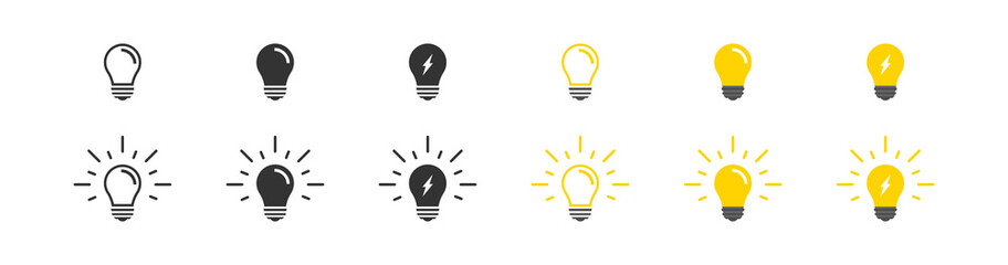Bulb lamp set black and flat icon. Idea sign symbol, vector isolated