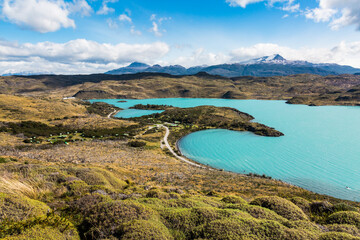 Beautiful view of Pehoé lake located in the heart of the Torres del Paine National Park (CL)