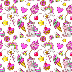 Unicorn seamless pattern. Ice cream, donut, lollipop, cotton candy, magic wand, cupcake, diamond, rainbow, clouds, stars, heart. Great for wallpaper, gift paper, fabric, wrapping paper, surface design