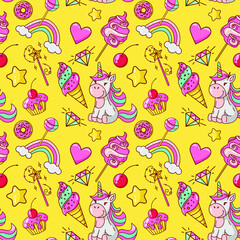 Unicorn seamless yellow pattern. Ice cream, donut, lollipop, cotton candy, magic wand, cupcake, diamond, rainbow, stars, heart. Great for wallpaper, gift paper, fabric, wrapping paper, surface design