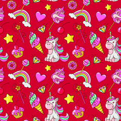 Unicorn seamless red pattern. Ice cream, donut, lollipop, cotton candy, magic wand, cupcake, diamond, rainbow, stars, heart. Great for wallpaper, gift paper, fabric, wrapping paper, surface design