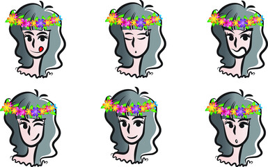 vector drawing girl with flowers emoji set