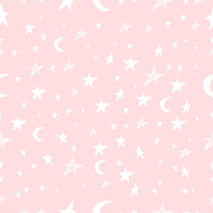 Fototapeta na wymiar Cute Seamless childish pattern with hand drawn white stars and moon. Creative background for kids texture for fabric, wrapping, textile, wallpaper, apparel. Cartoon style. Great for girls. Vector.