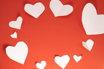 frame of valentine's day cards on red isolated background with copy space