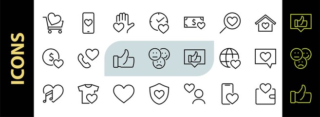 The set of icons about love contains such icons as love of music, declaration of love, heart, favorite home, Linear set. Vector on a white background. Editable stroke. 480x480