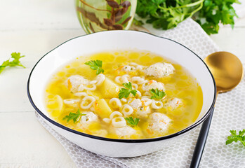 Healthy chicken meatballs soup and pasta. Simple recipe for cooking at home.