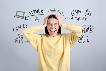 Stressed young woman, text and drawings on light grey background