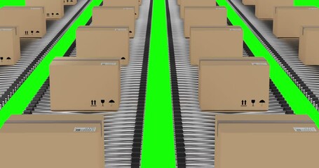 Rows of cardboard packing boxes moving on conveyor belts with green screen background - Powered by Adobe
