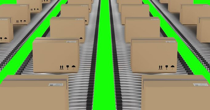 Rows of cardboard packing boxes moving on conveyor belts with green screen background