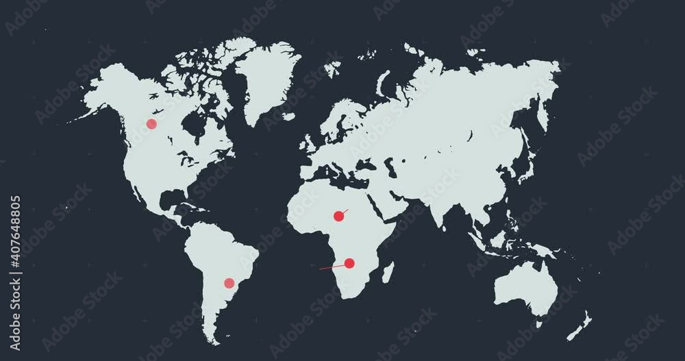 Poster pale grey world map with moving red network of connected points on dark grey background