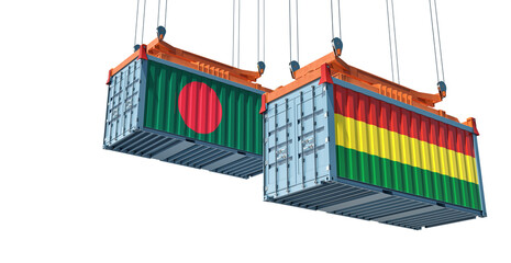 Freight containers with Bolivia and Bangladesh flag. 3D Rendering 