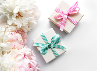 Peonies and gift boxes