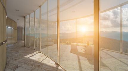 Front view of an office interior with a row of dark wood tables. 3D rendering.. Sunset.