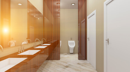 Clean public toilet room empty with wooden partition. 3D rendering.