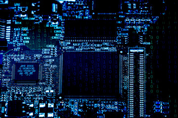 Electronic components of an hard disk with circuits and micro chips with overlayed vector of binary...