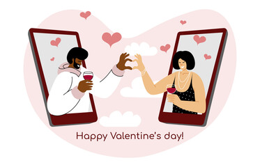 A concept of St. Valentine’s day online date. A Vector illustration of an interethnic couple connecting via smartphone mobile app. An internet dating application. Long distance romantic relationship.
