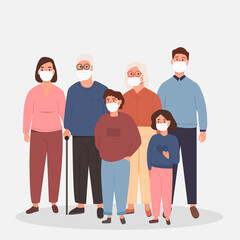 Family wearing Protective Medical Mask to prevent Covid 19 Virus or Air Pollution. Elderly people together with children, mother and father with kids. Vector flat illustration isolated on white.