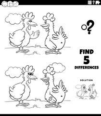 differences game with two hens or chickens coloring book page