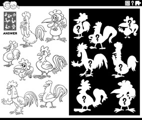 matching shapes game with roosters coloring book page