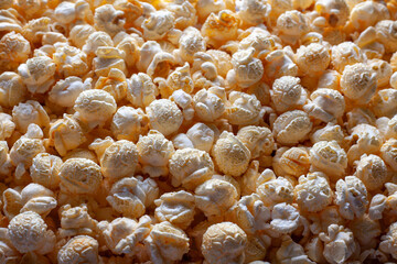 Close up photo of pop corn whole frame area. Ready for eat while watching movie.