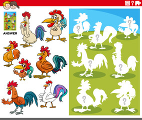 matching shapes game with cartoon rooster characters