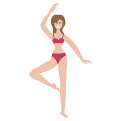 A happy slender girl dancing and playing sports is isolated on a white background. Love your body, your body. Vector illustration. A woman in underwear, a swimsuit, smiling