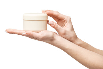 hand holding plastic can of cream Isolated on a white background