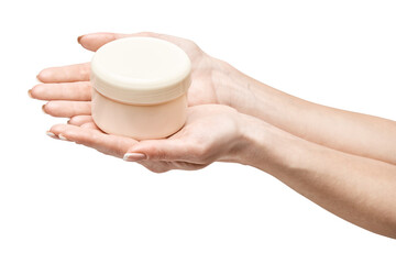 hand holding plastic can of cream Isolated on a white background