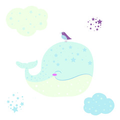 Cute blue whale with bird and clouds
