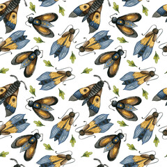 Watercolor seamless pattern with butterfly and ladybird. Hand painted insect ornament isolated on white background. Illustration for design, print or fabric.