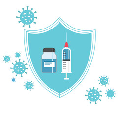 Security shield for virus protection. Coronavirus safety concept on blue and white background. Shield and virus cells of Covid-19. Vaccine, medicine, antibiotic. Vector graphics