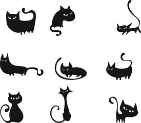 vector drawing black cat symbol design set