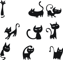 vector drawing black cat symbol design set