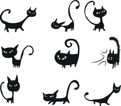 vector drawing black cat symbol design set