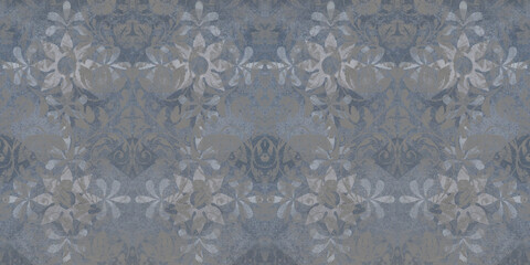 Old aged gray blue vintage worn shabby elegant floral leaves flower patchwork motif tile stone concrete cement wall ager wallpaper seamless pattern texture background