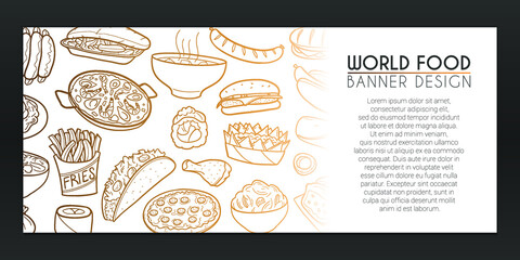Famous Food Doodles Banner. International Recipes Background Hand drawn. Restaurant Icons illustration. Vector Horizontal Design.