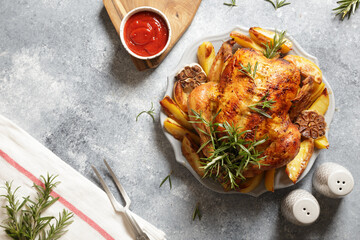 baked whole chicken with rosemary, garlic and ketchup on gray concrete background. roasted chicken