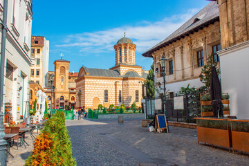 Fototapeta na wymiar Bucharest, Romania - 10 12 2018 Sfantul Anton Buna Vestire' (Old court church) in the Old Town area of city
