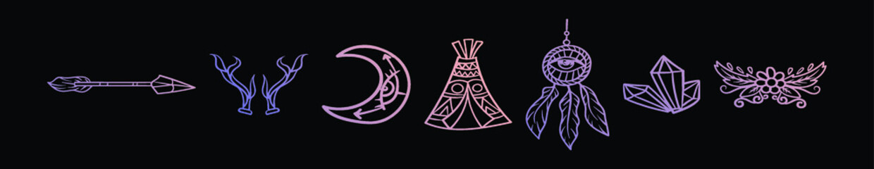 set of trendy boho gypsy element cartoon icon design template with various models. vector illustration isolated on black background