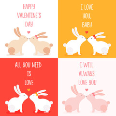 Valentines day. 14 February. Illustration couple of cute minimalistic bunnies in love.