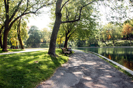 Une femme lit sur un banc, parc Lafontaine, Montr&eacute;al.