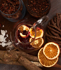 pot of tea with cake and coffee. Orange. Morning