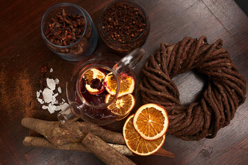 pot of tea with cake and coffee. Orange. Morning