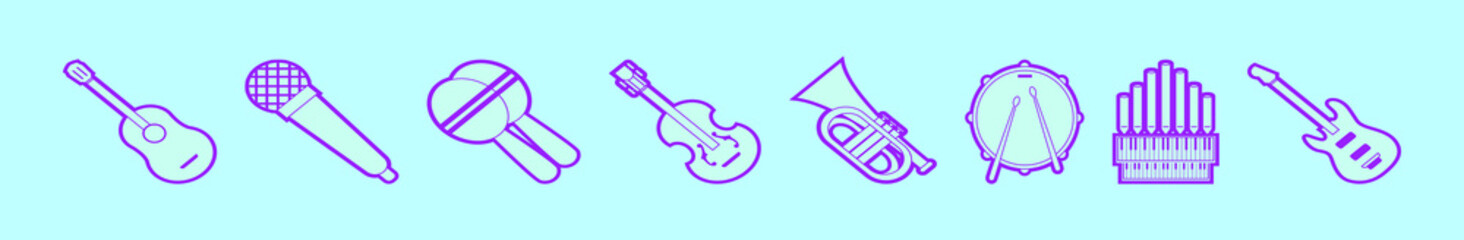 set of music instrument cartoon icon design template with various models. vector illustration isolated on blue background