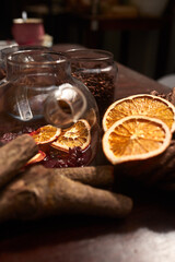 pot of tea wit cake and coffee