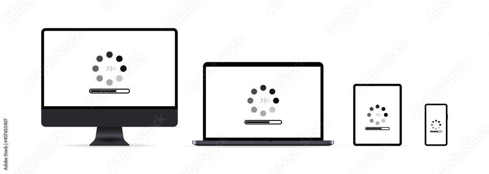Poster system update. laptop, mobile, phone, tablet. software update in process. installing update process,