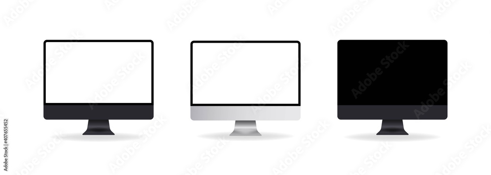 Poster set of computer monitor. realistic computer monitor icons set in space, silver and grey collor. scre