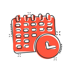 Calendar with clock icon in comic style. Agenda cartoon vector illustration on white isolated background. Schedule time planner splash effect business concept.