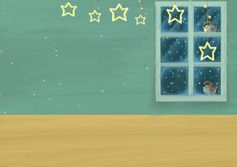 cartoon scene with christmas room illustration